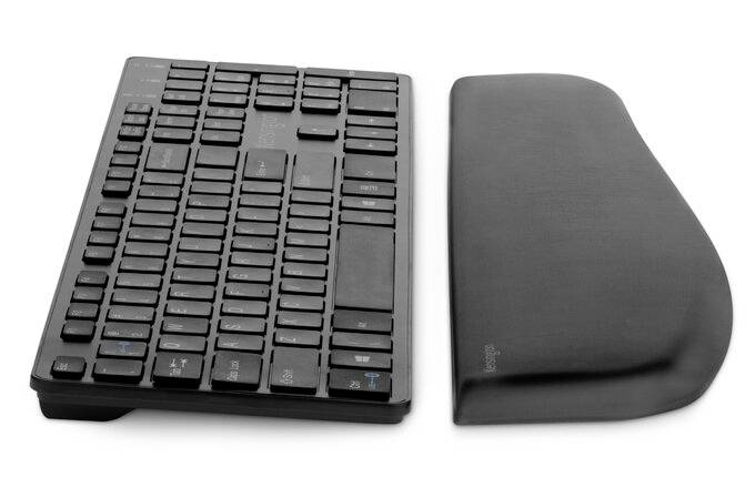'Keyboard with separate ergonomic wrist rest, black; provides comfort and support during use.'