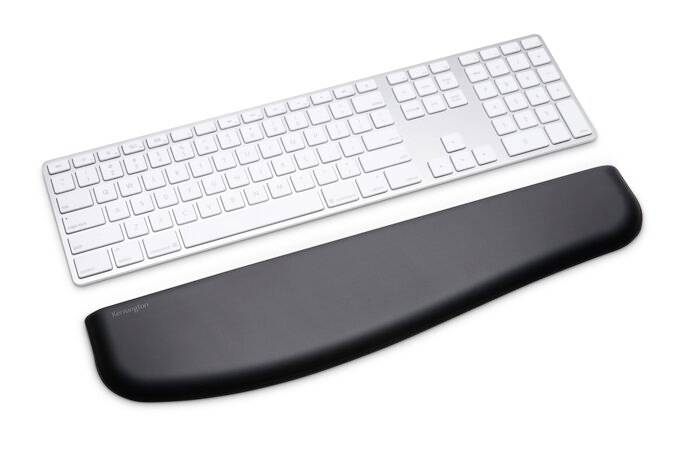 White QWERTY keyboard with numeric keypad, with a dark wrist rest above. Ideal for ergonomic typing support at the desk.
