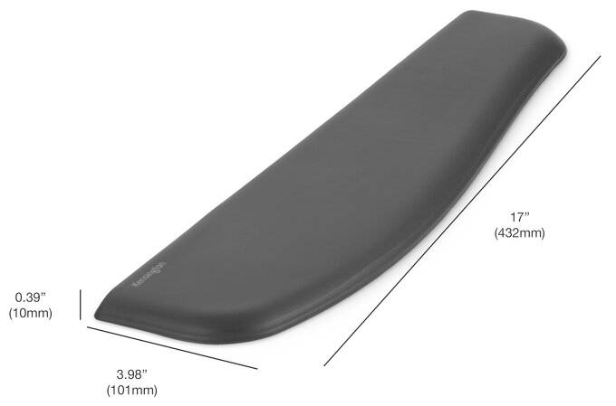 Wrist rest, rectangular, black, 17 inches (432 mm) long, 3.98 inches (101 mm) wide, 0.39 inches (10 mm) thick.