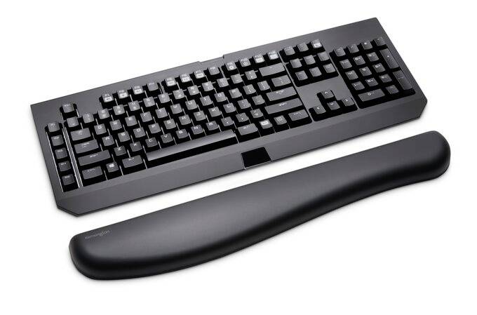 Black keyboard with detachable wrist rest, ergonomic design. Ideal for supporting extended computer work.