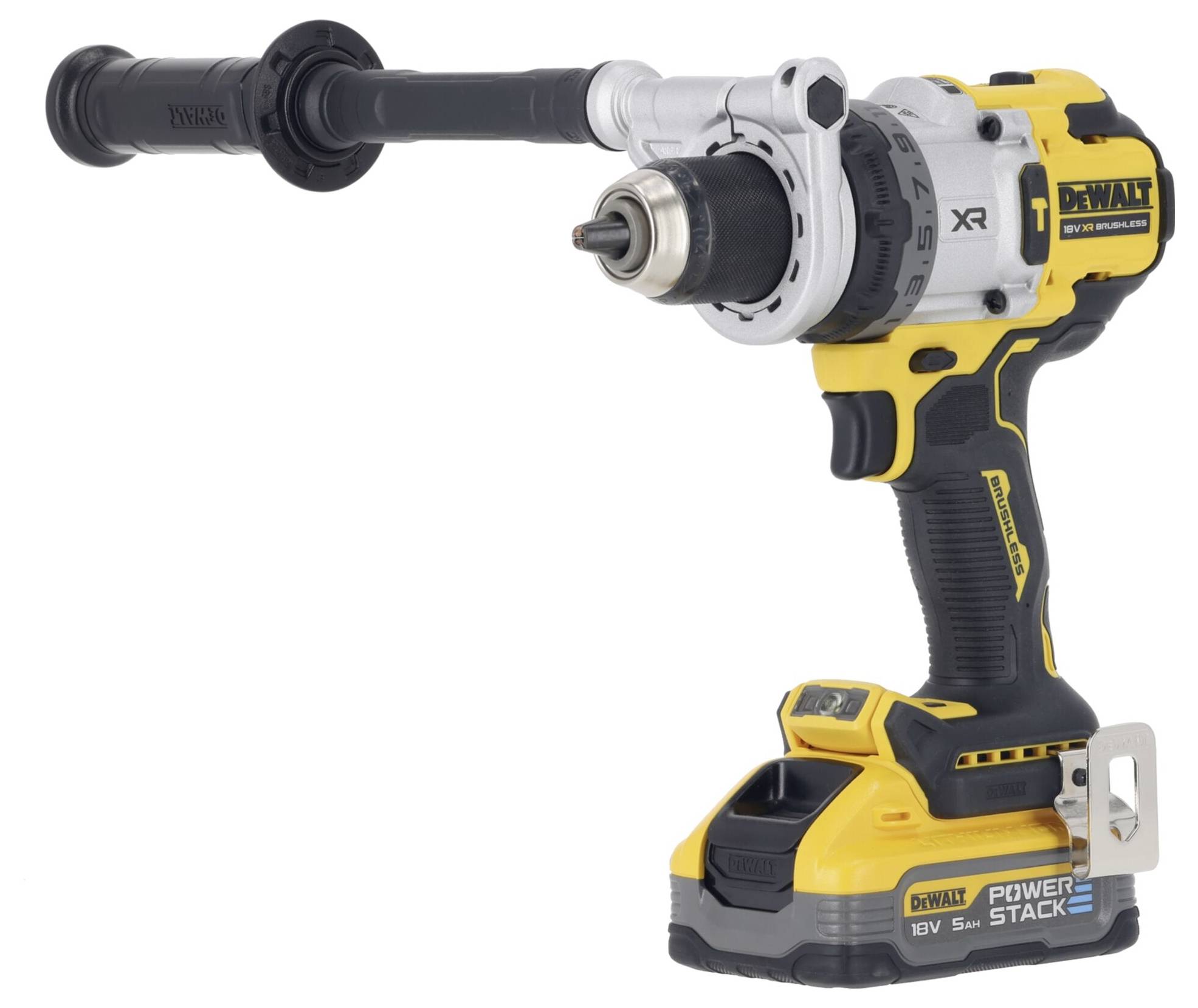 Yellow and black cordless drill with side handle and robust design, suitable for DIY projects.