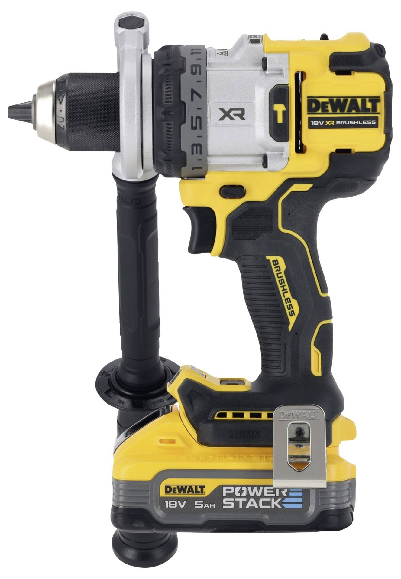DeWalt electric drill, black and yellow, with ergonomic handle and battery, suitable for construction and DIY work.