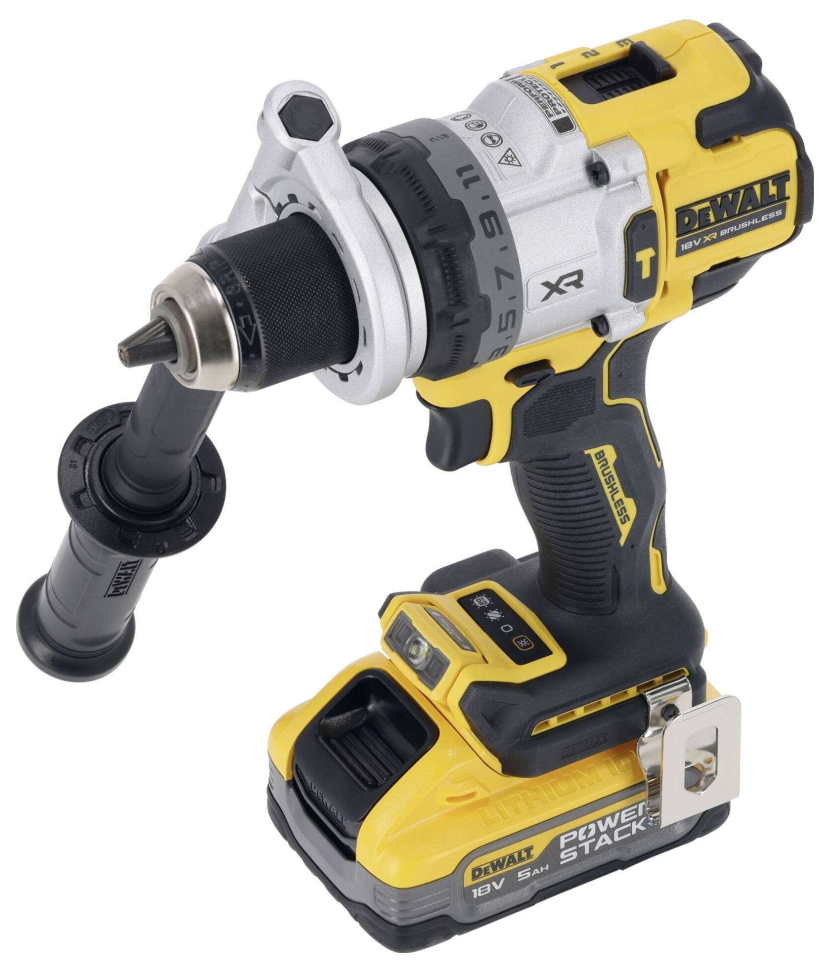 Cordless drill in black and yellow design with auxiliary handle, 18V battery and various settings for drilling and screwing.