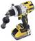 Cordless drill in black and yellow design with auxiliary handle, 18V battery and various settings for drilling and screwing.