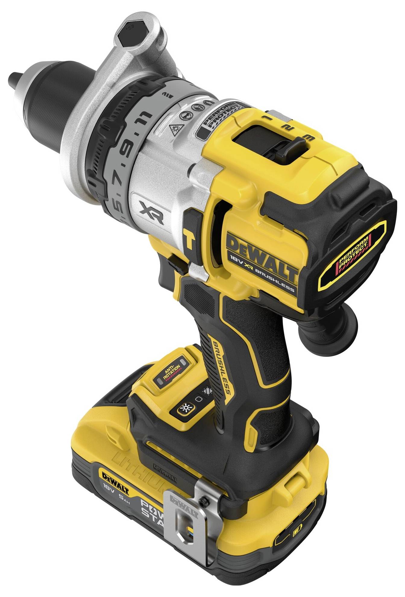 Cordless drill in black and yellow, with brand logo visible, pointing towards the right side. Compact and robust design for craftwork.