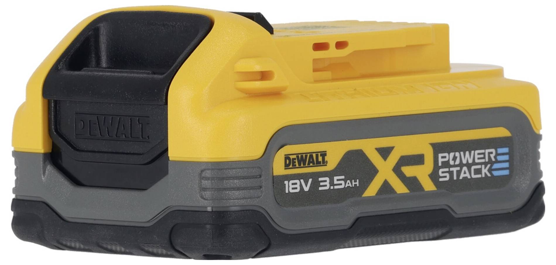 'DeWalt XR Power Stack' 18V 3.5Ah battery in black and yellow, side view.
