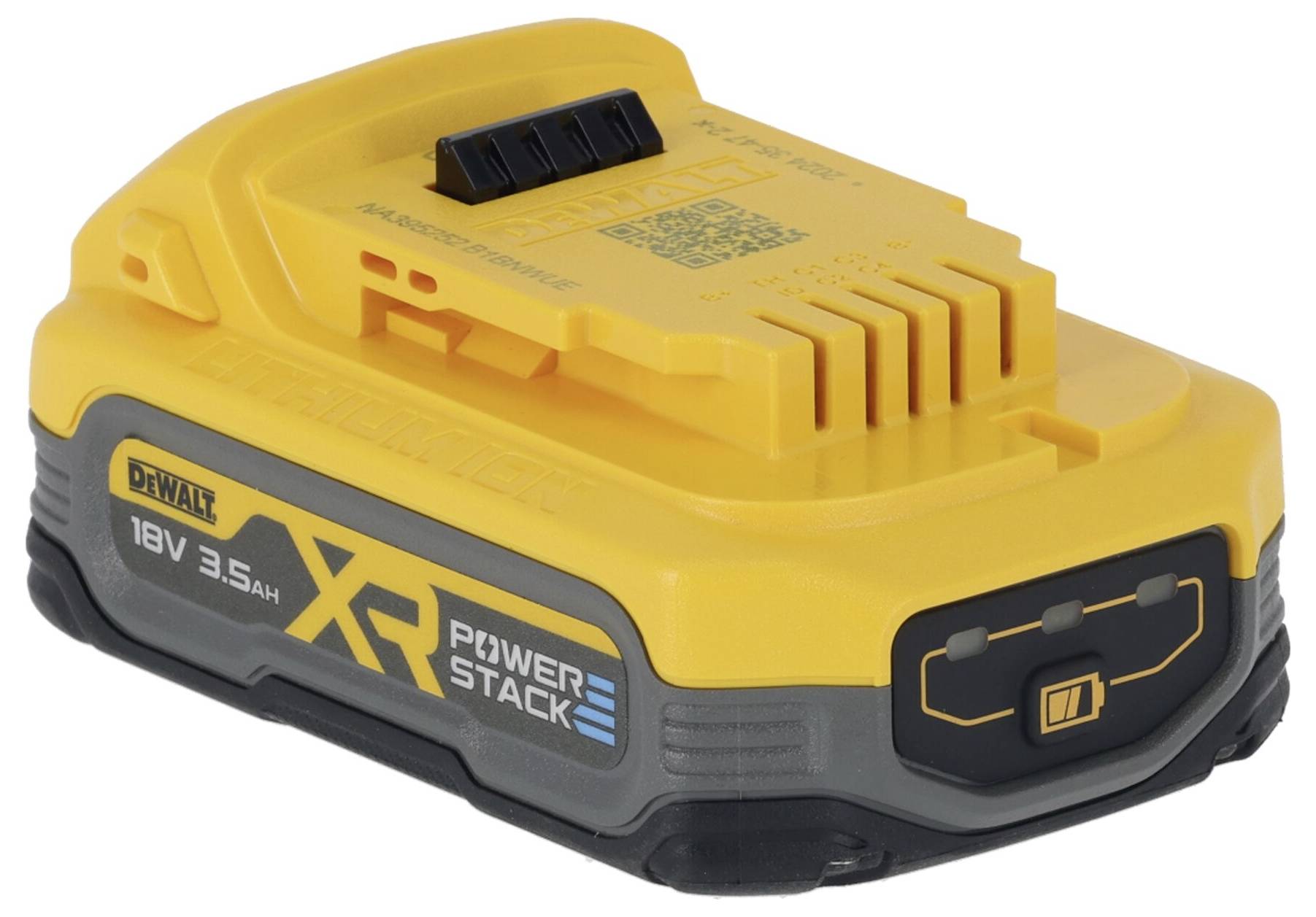 Yellow battery pack with the inscription 'XR Power Stack', 18V, 3.5Ah. Device is intended for power tools.