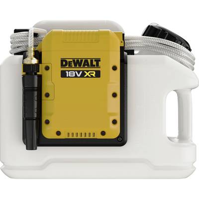 'A yellow, portable DEWALT 18V XR pressure sprayer with a white tank and a flexible hose, suitable for outdoor use.'