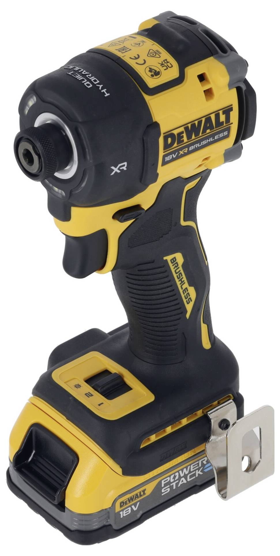 A yellow and black cordless impact driver displays its robust design; with an ergonomic handle and battery integrated.