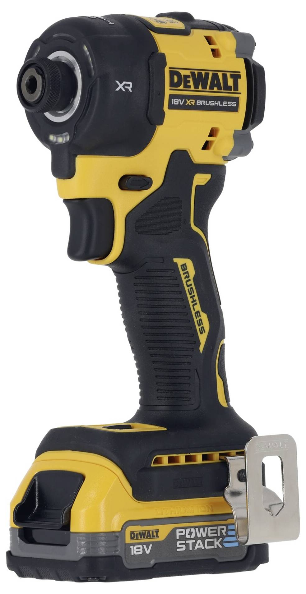 Cordless impact driver by DeWalt with an 18V XR motor and PowerStack technology in black and yellow colouration.
