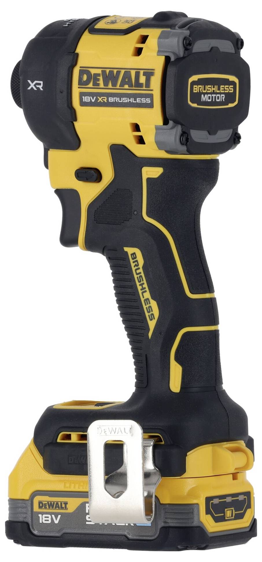 DeWalt cordless drill with a brushless motor, coloured in yellow and black.