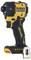 Cordless impact driver in black and yellow with 'DeWalt' logo, side view, with aluminium belt clip at the bottom.
