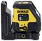 DeWalt laser tool in black and yellow colouring, shown in a mounting bracket. It displays battery and settings symbols.