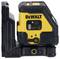 A yellow and black laser measuring tool with 'DeWALT' written on it. Shows buttons for battery indicator, light intensity, and power on/off.