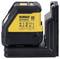 'DeWalt DCL1420R' laser level with black and yellow design, positioned on a black stand. Labels displaying safety and specification details are visible.