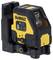 A yellow and black DeWalt laser tool, mounted on a base, displays various control symbols on the front.