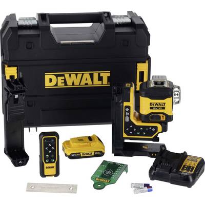 DEWALT tool set with laser device, remote control, charging station and accessories in front of a black tool case.