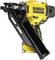 Yellow and black DeWalt cordless nail gun, 18V XR Brushless model, with angled magazine for nails and robust construction.