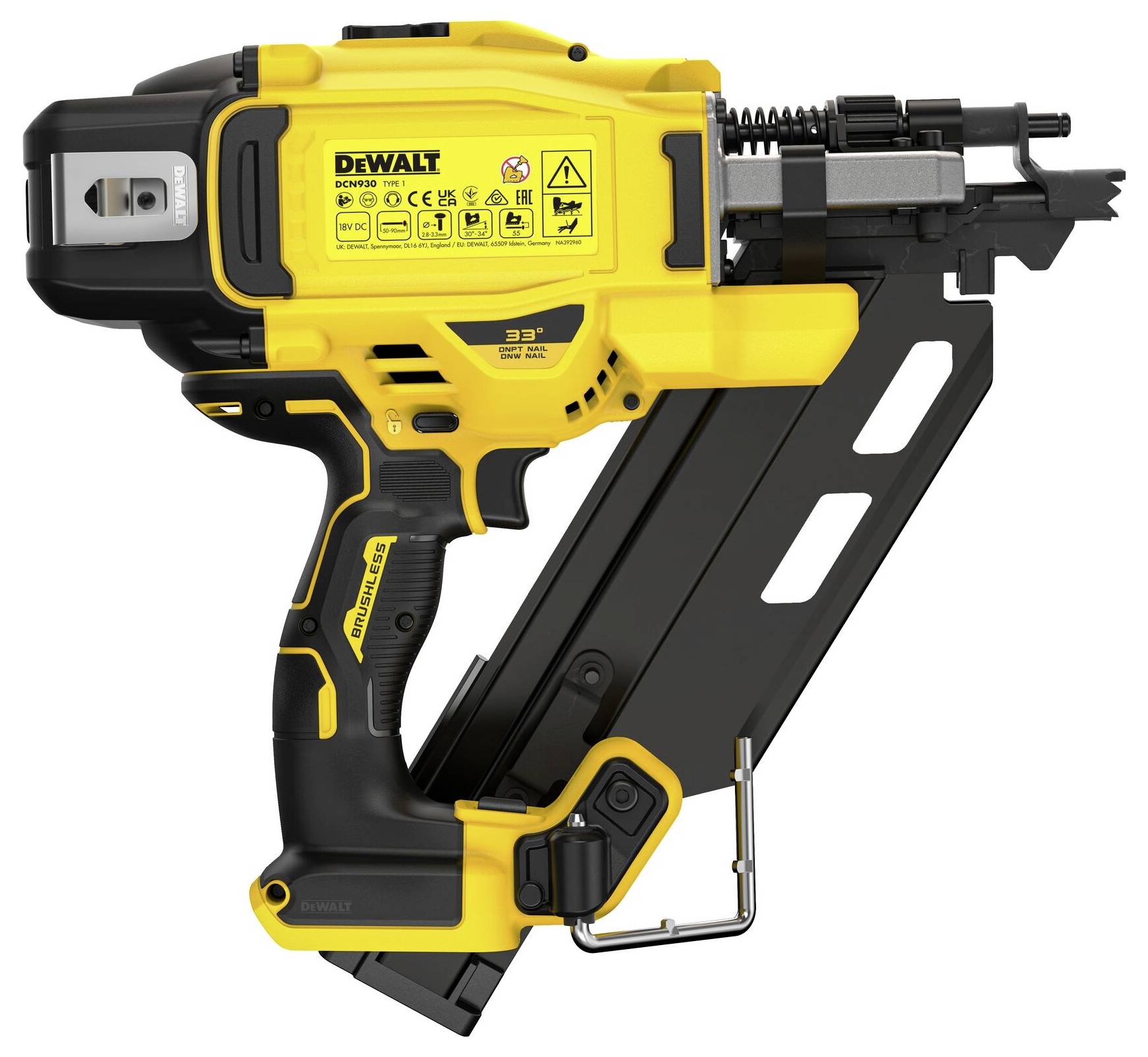 A yellow, electric nail gun with a black handle, brand and warning symbols visible on the device. Model suitable for heavy construction work.