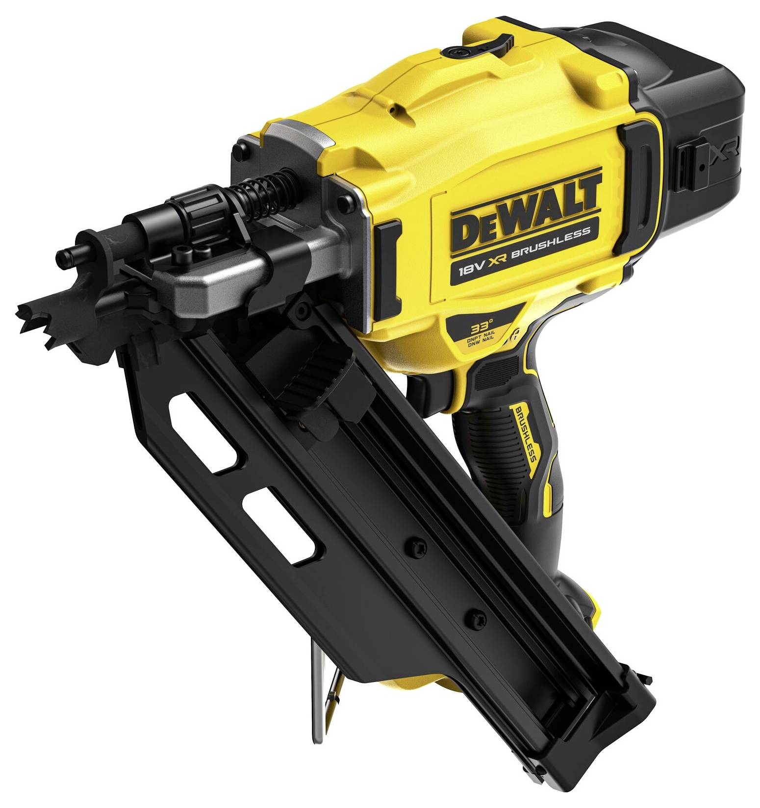 Yellow, cordless nail gun with black magazine and 'DEWALT' logo, suitable for construction and renovation projects.