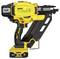 A yellow, cordless nailer from DeWalt with an 18V XR 5Ah battery, suitable for fastening materials.