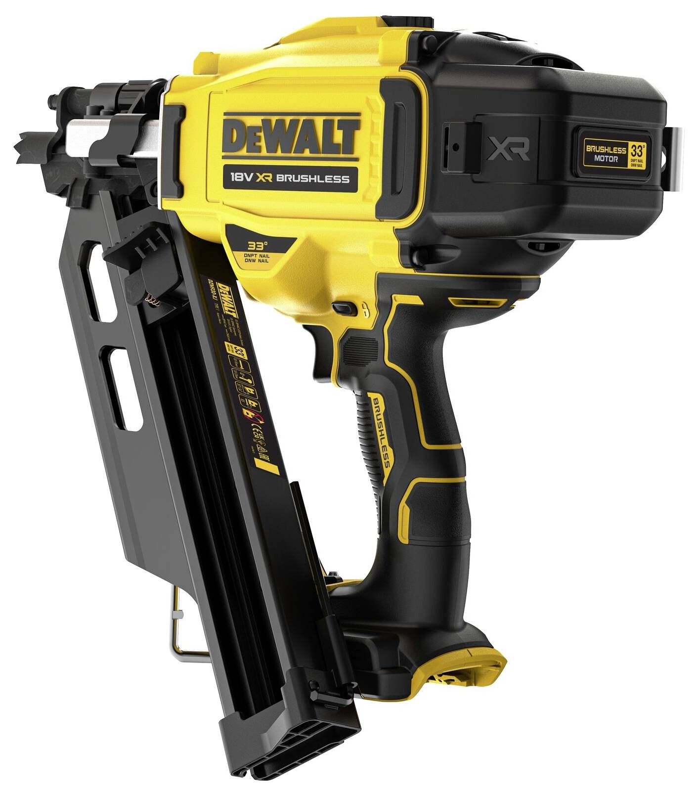 Cordless nail gun with yellow casing, DeWalt logo, compatible with 18V XR batteries. Suitable for construction work and woodworking.