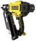 Cordless nail gun with yellow casing, DeWalt logo, compatible with 18V XR batteries. Suitable for construction work and woodworking.