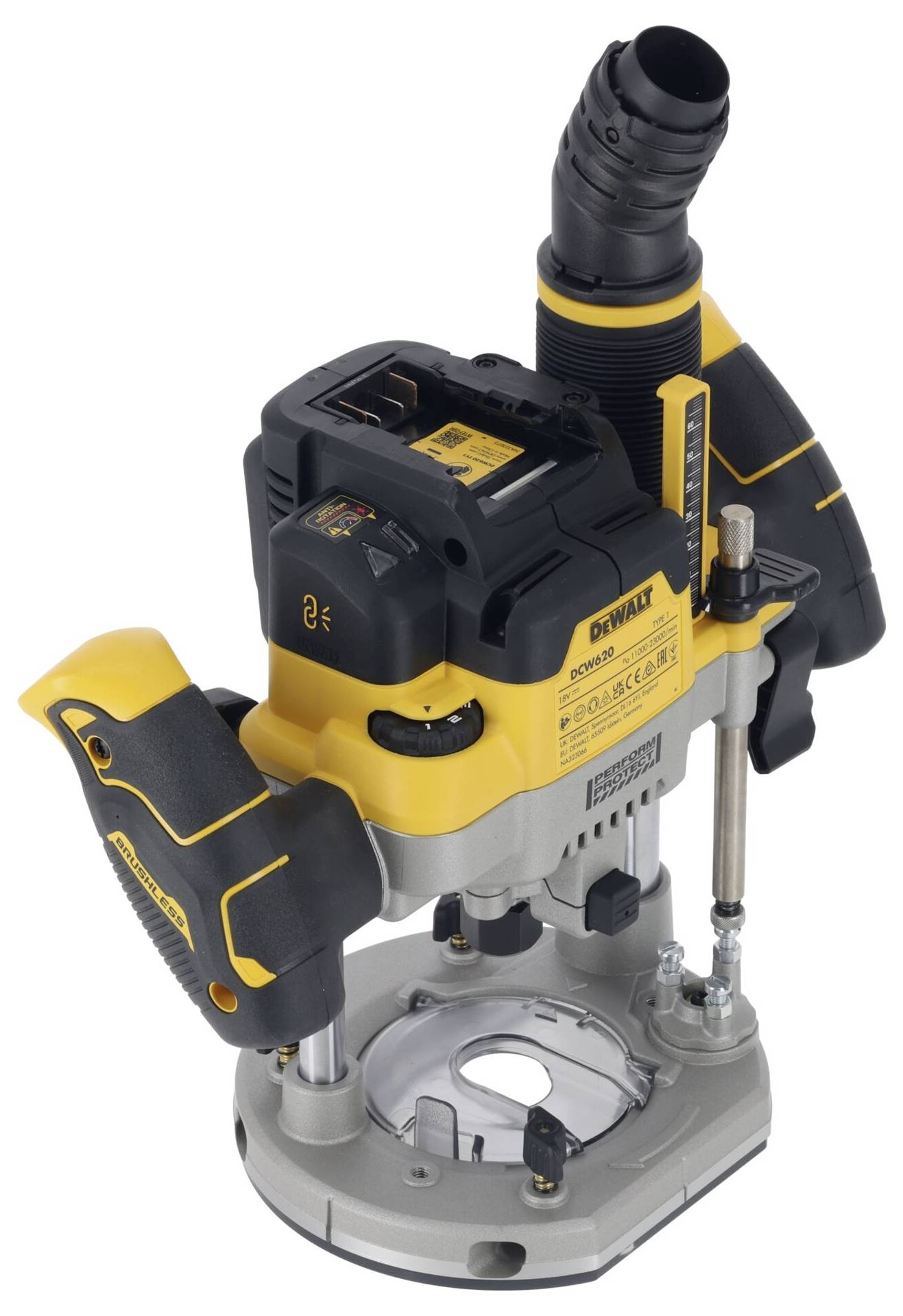 A yellow and black hand router with variable speed, suitable for woodworking.