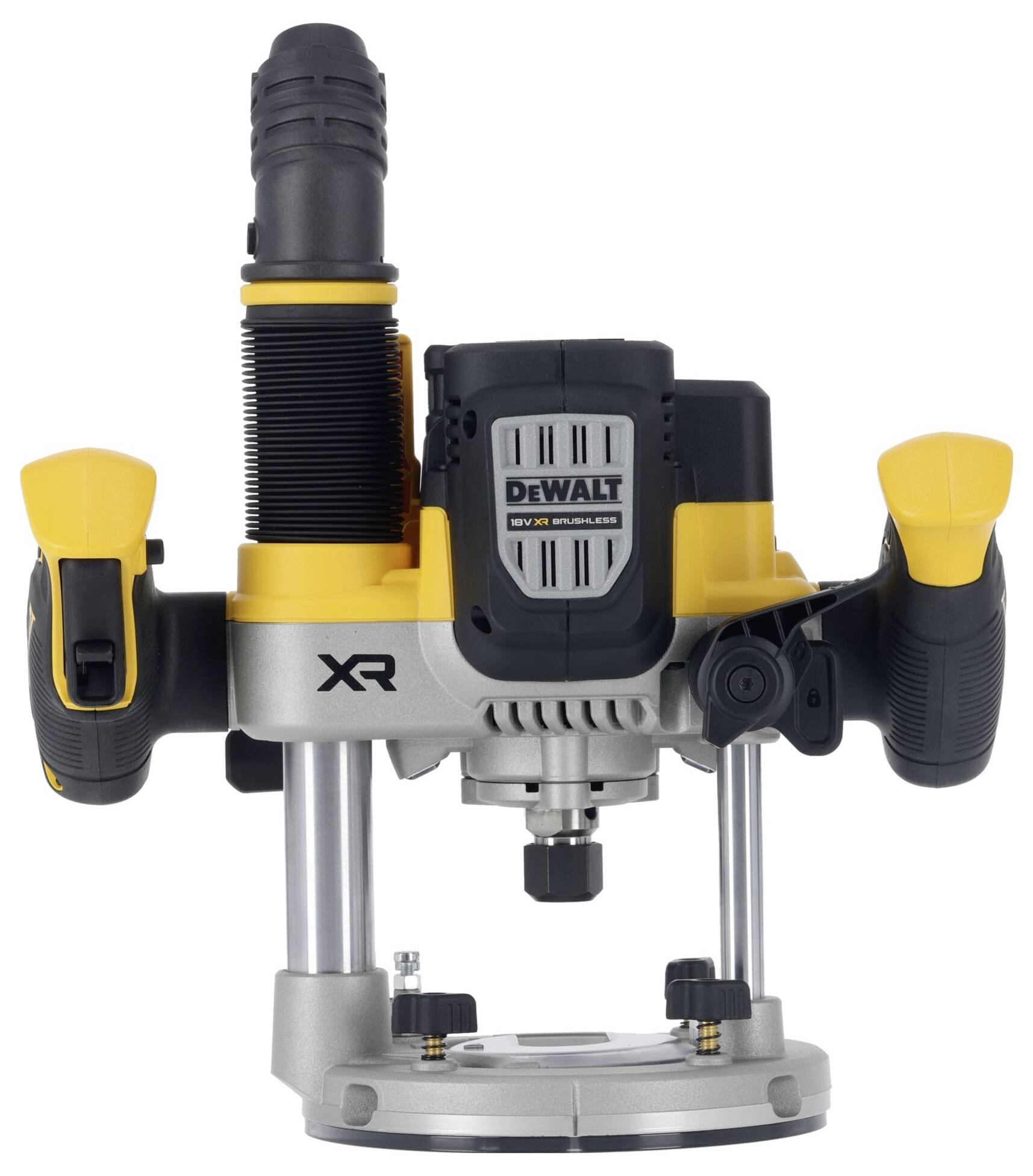 Yellow and black router, model with two handles and viewing window for precise routing. Brand logo on the front.