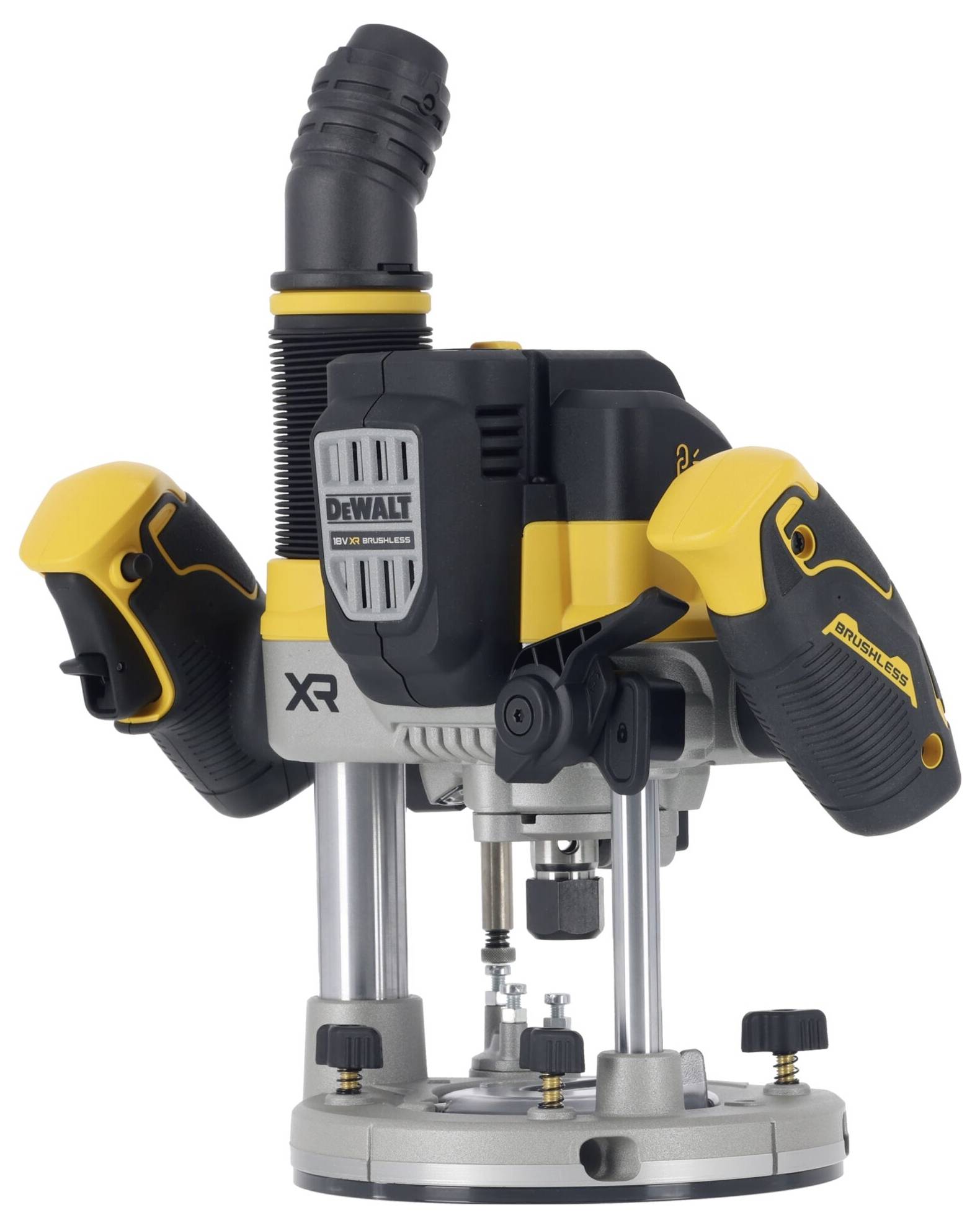 'Router with yellow and black design, hand-operated, suitable for woodworking. Brand name visible on device.'