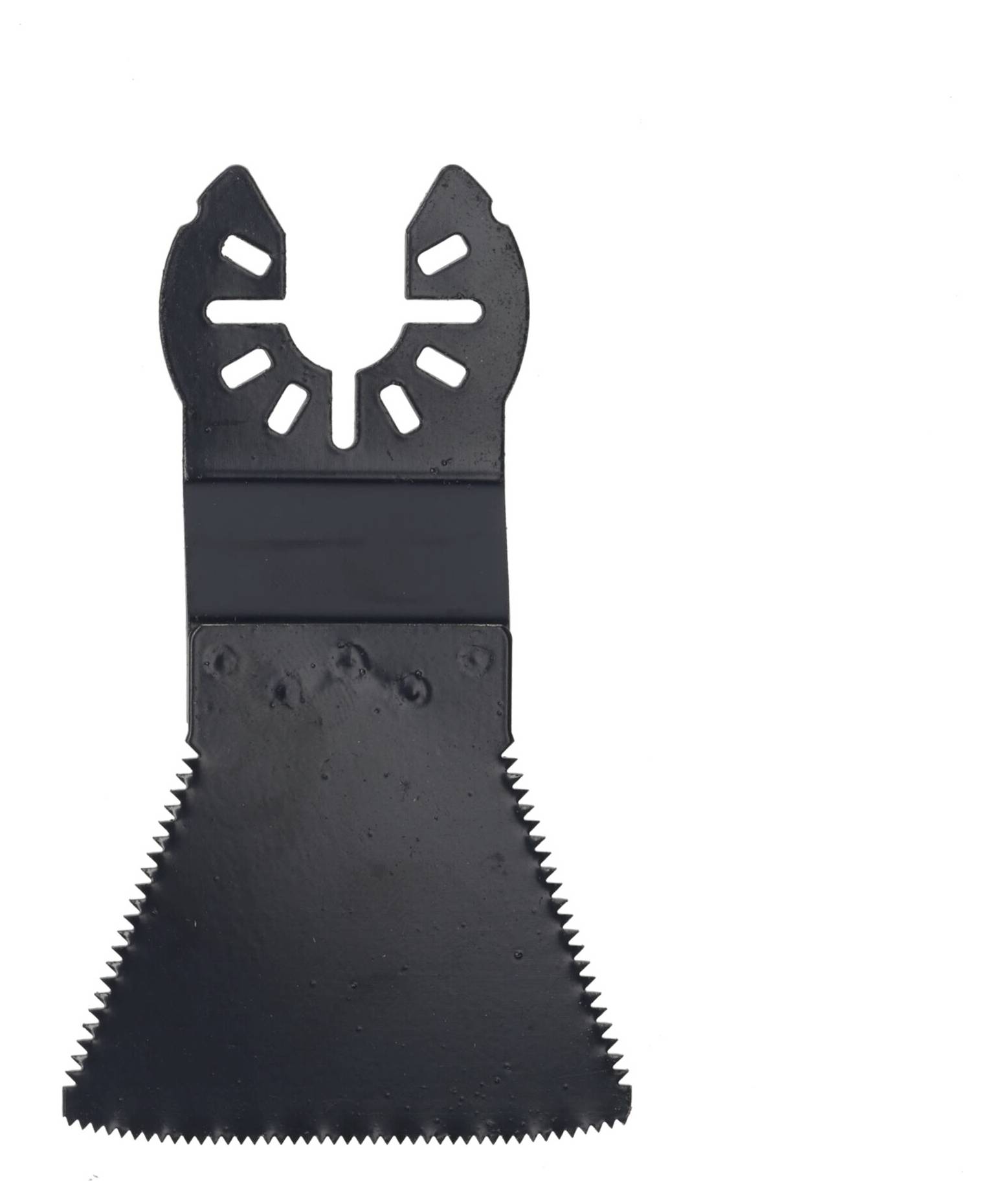 An oscillating saw blade with angled teeth for precision cutting of materials such as wood or plastic.