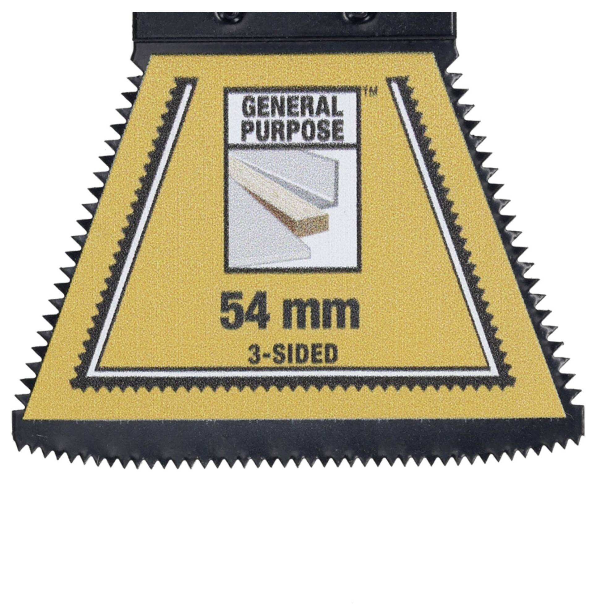 Triangular saw blade with 'General Purpose' label, size: 54 mm, three-sided toothed, on a yellow background.