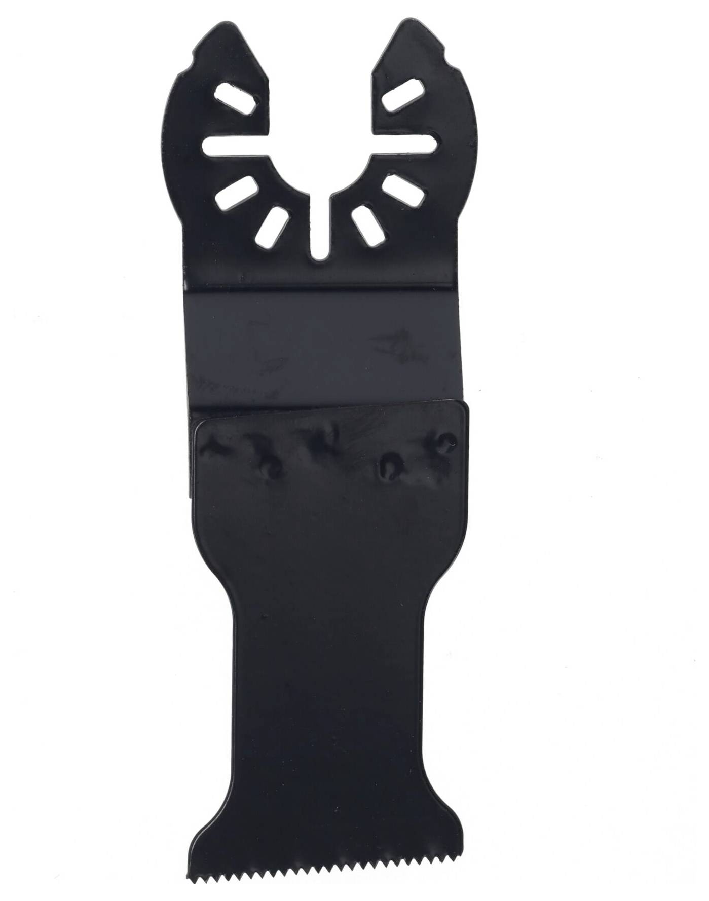 A black oscillating tool saw blade with a serrated cutting edge for cutting wood or plastic.