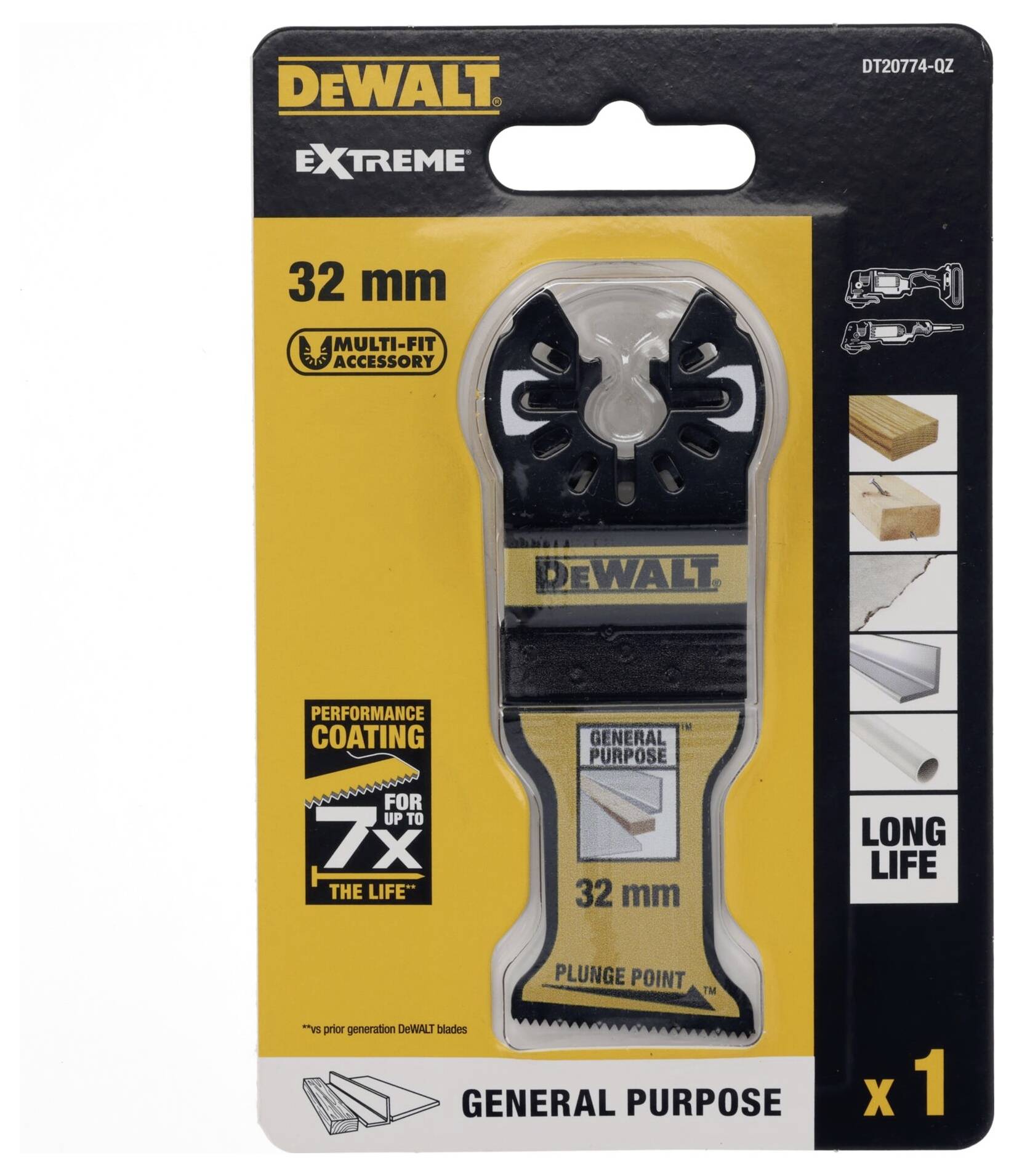 Packaged DeWalt multi-purpose saw blade, 32 mm, for general applications. Suitable for woodworking, durable.