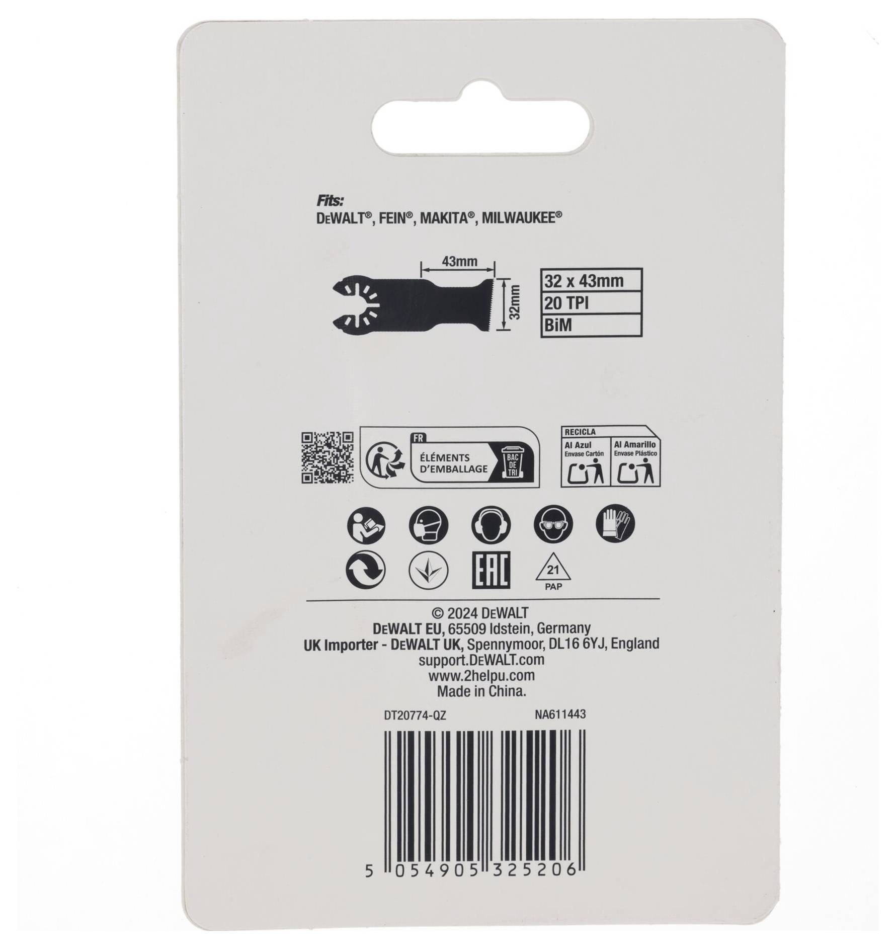 Packaging reverse side of a saw blade with brand logos, dimension markings 32 x 43 mm, 20 TPI, BIM material reference and safety markings.