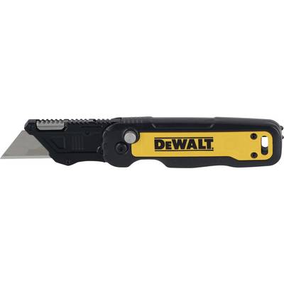 Folding utility knife with yellow and black handle, laid out horizontally. DeWALT logo. Ideal for cutting tasks.