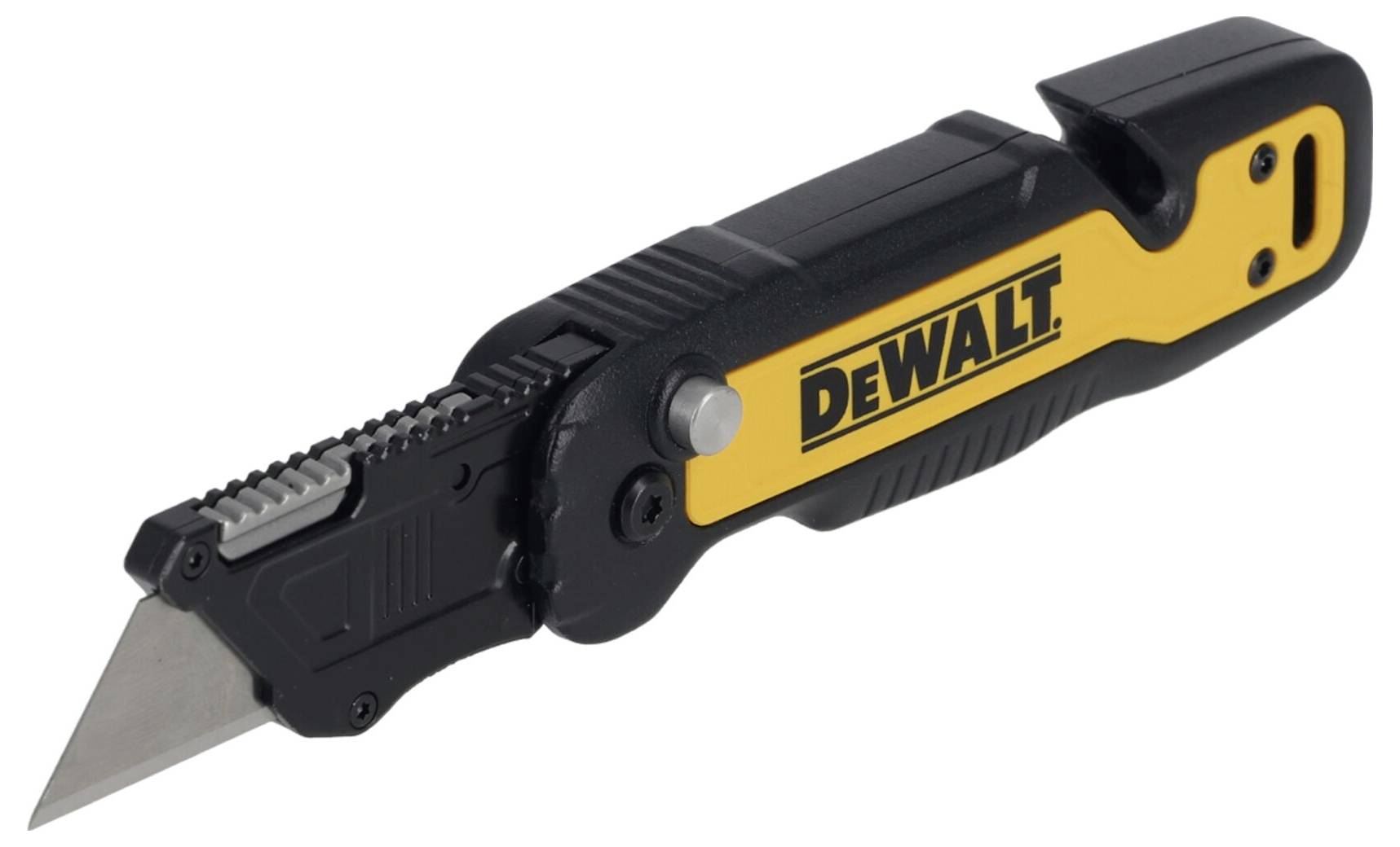 A black and yellow universal knife by DeWalt, with an extended blade, is lying on a light surface.