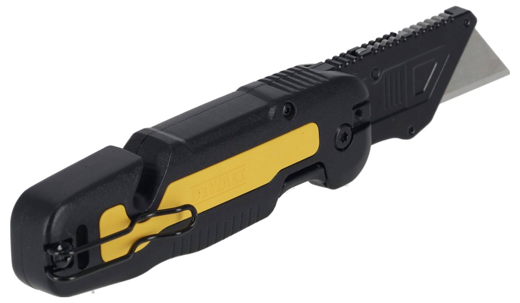 A yellow and black safety knife with a retractable blade, ergonomic handle, and sliding mechanism.