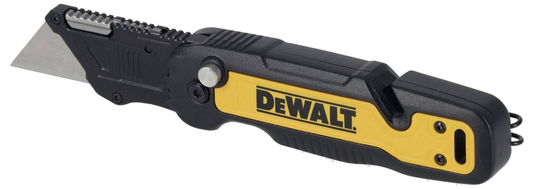 A black and yellow carpet knife with the brand name 'DeWalt' printed on the side.