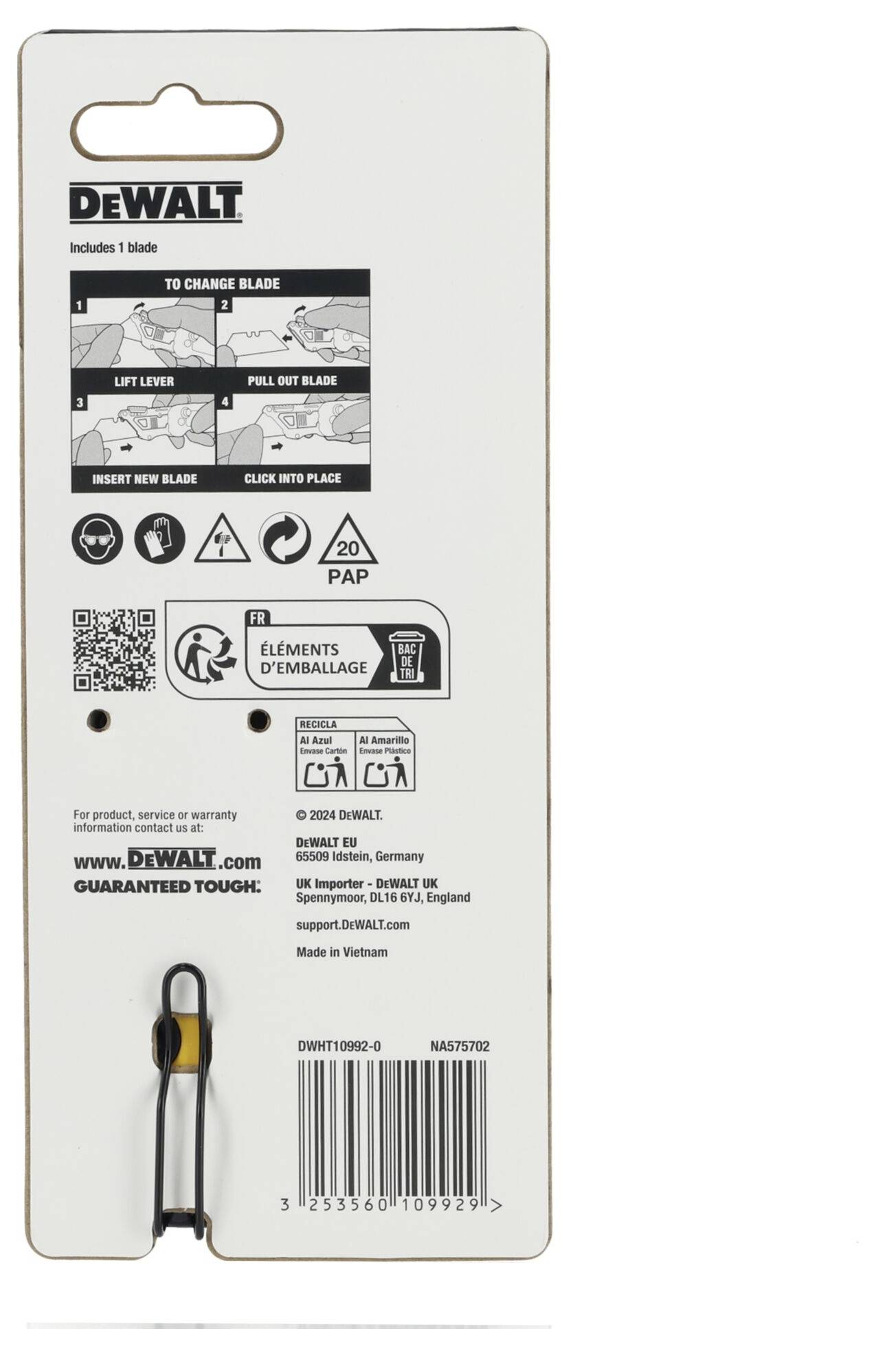'DEWALT' Replacement Blades Packaging with QR Code and Usage Instructions. Including Safety and Manufacturing Information on the Reverse Side.