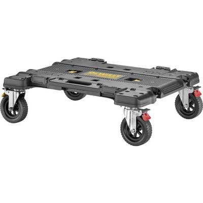 Transport trolley with four wheels, sturdy black platform and red brakes for moving heavy items.