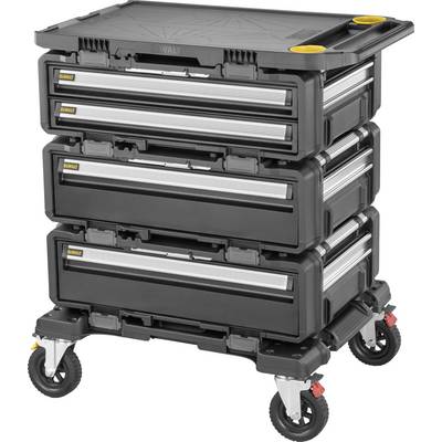 'Tool trolley with four black drawers, large wheels and yellow details, ideal for storing and transporting tools.'