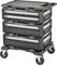 'Tool trolley with four black drawers, large wheels and yellow details, ideal for storing and transporting tools.'