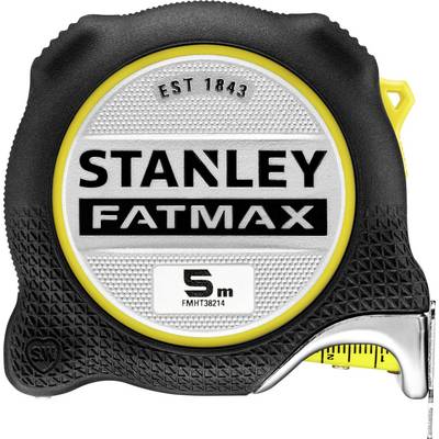 Black and yellow 'Stanley Fatmax' measuring tape, 5 metres long.