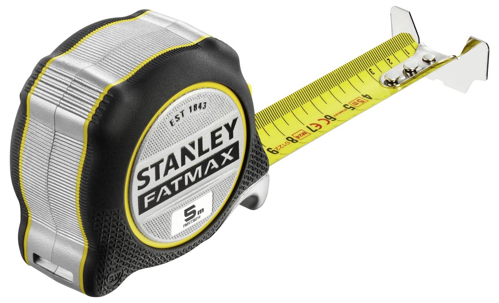 Black and yellow measuring tape with 'Stanley Fatmax' printed on it, unrolled to 5 metres, showing the imperial scale.