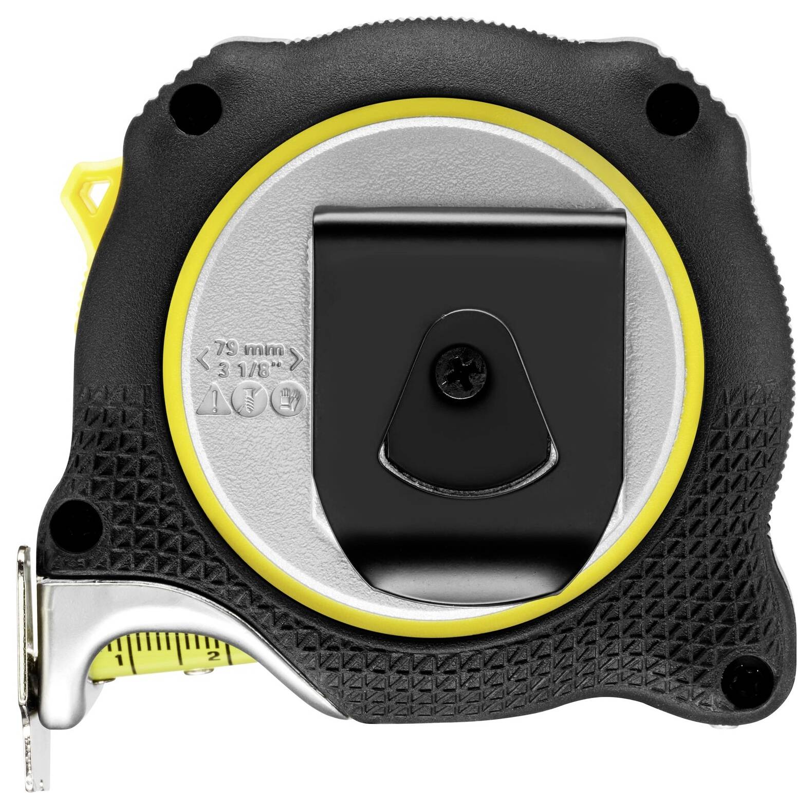 Black and yellow measuring tape, front view. Shows metal elements and a yellow tape with scale markings.