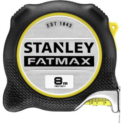 A measuring tape with the inscription 'Stanley FatMax' and '8 m'. Black and yellow casing, metal clip in the foreground.