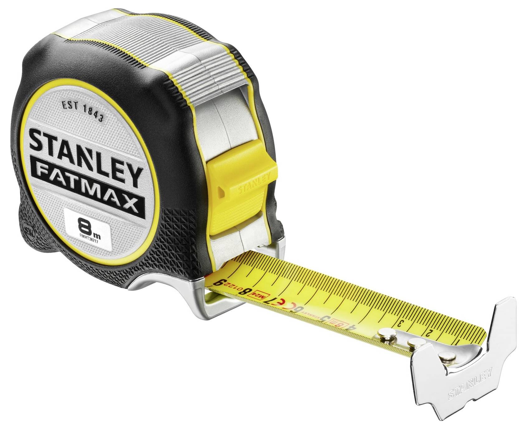 A Stanley Fatmax tape measure with an extension of 8 metres, yellow tape with markings for precise measurement.