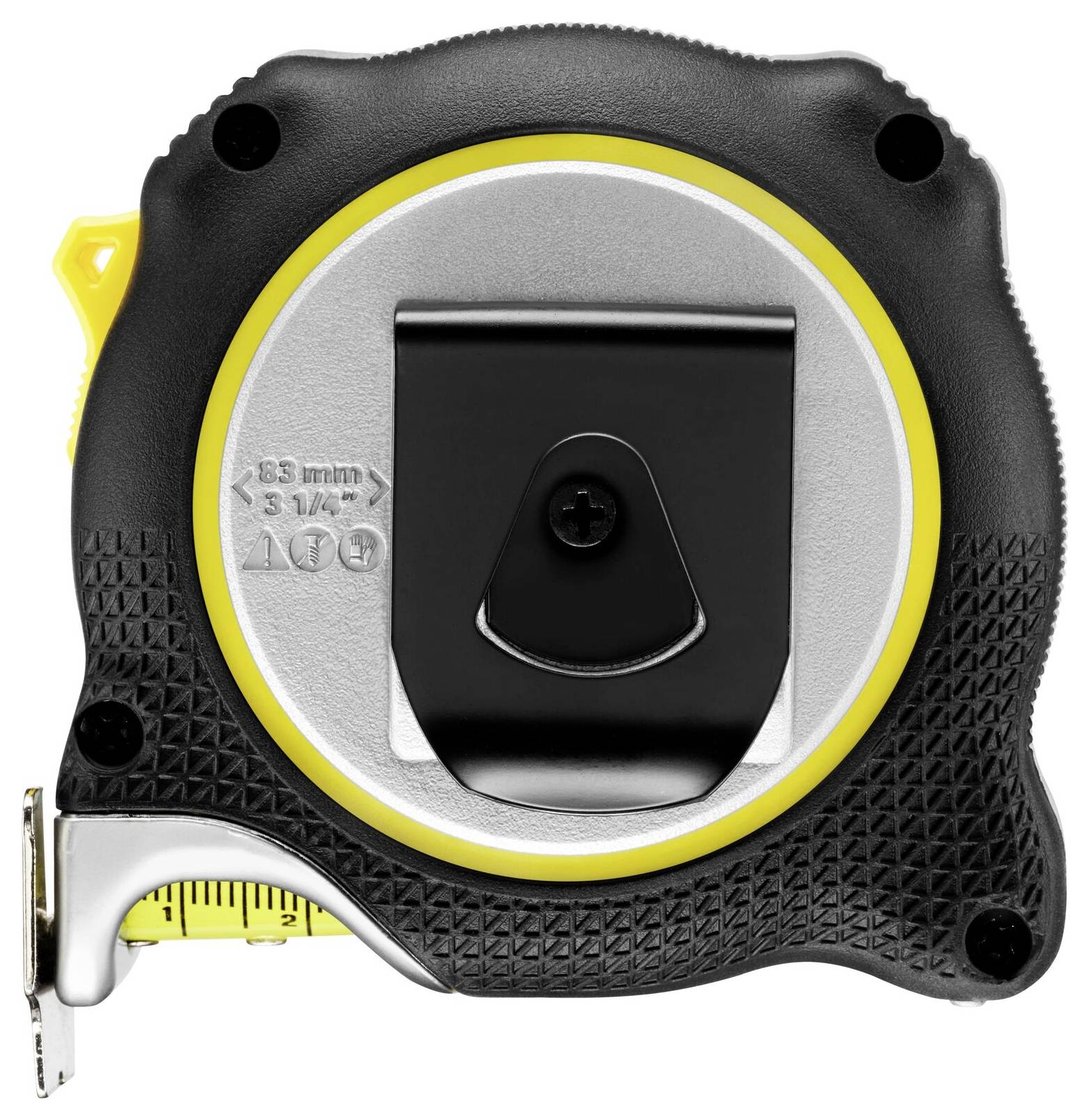 Black and yellow metal and plastic tape measure with clip, in closed position, 3.5 m long.