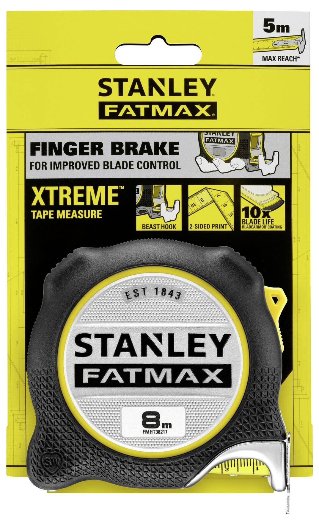 A Stanley FatMax measuring tape with finger brake for improved blade control, 8 m long, robust construction, yellow and black design.